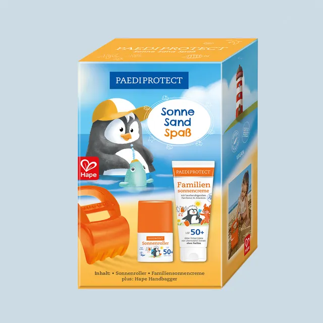 paediprotect-sonne-sand-spa-set-lsf-50-familien-schutz-mit-hape-handbagger image 1